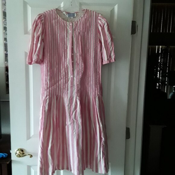 EUC Vintage Samuel Blue Midi Dress Pink/Cream Mix Blend Size 10 - Picture 1 of 6